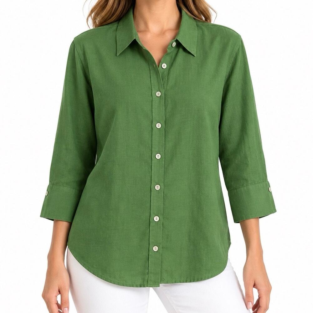 Chicos Sz 3.5 US 18 100% LINEN Green Blouse Shirt Top Tropical Beach Spring